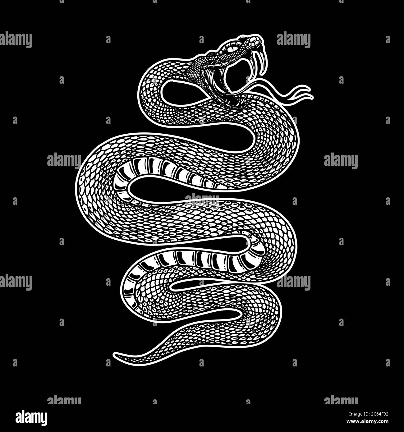 Illustration of poisonous snake  in engraving style. Design element for logo, label, emblem, sign, badge. Vector illustration Stock Vector