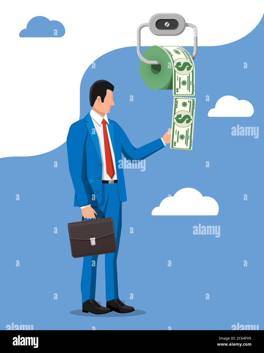 Businessman and hank of toilet paper dollar money. Garbage waste investment. Losing or wasting money, overspending, bankruptcy or crisis. Vector illustration in flat style Stock Vector