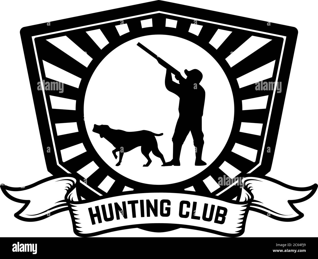 Hunting club emblem template. Hunter with hunting dog. Design element for logo, label, sign, poster, banner. Vector illustration Stock Vector