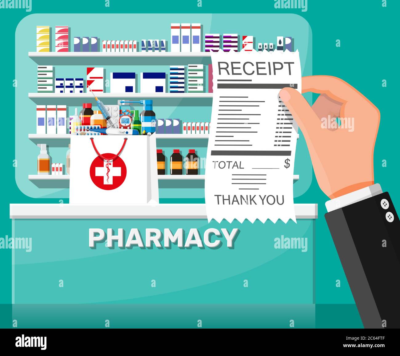 Medicine collection on shelves, hand with receipt. Set of bottles, tablets,  pills, capsules and sprays. Medical drug, vitamin, antibiotic. Healthcare  and pharmacy. Flat vector illustration Stock Vector Image & Art - Alamy