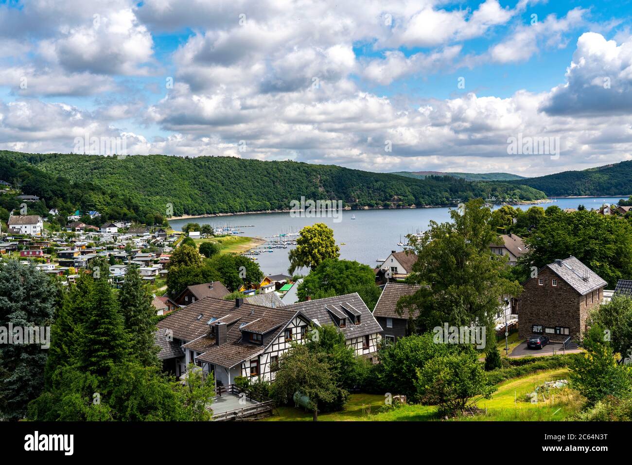 Rursee lake, reservoir, the village Woffelsbach, camping site, permanent  campers, Nationalpark Eifel, NRW, Germany Stock Photo - Alamy