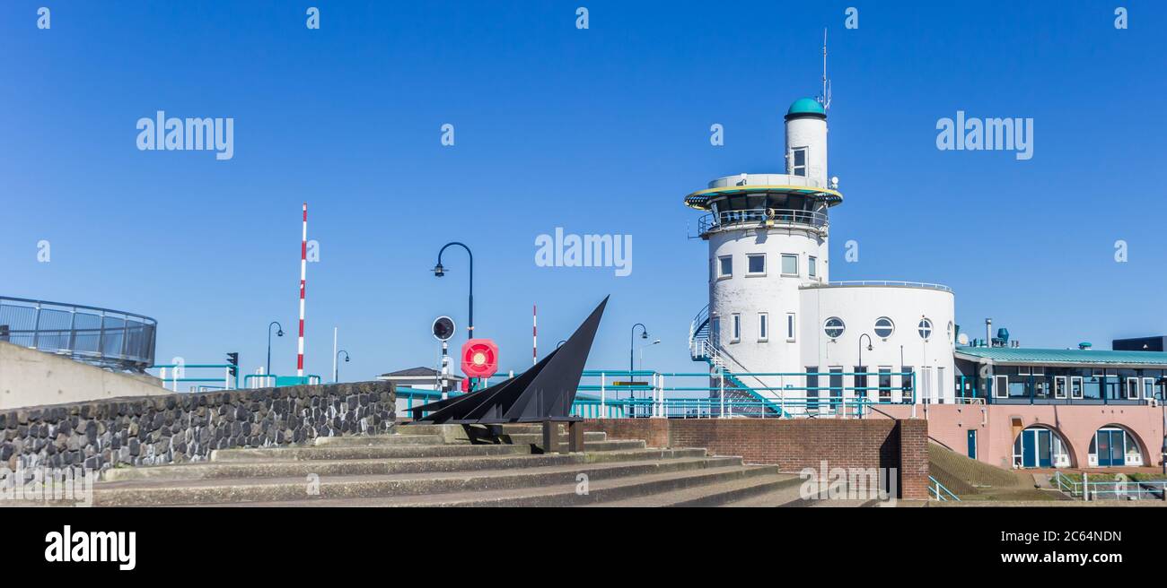 Panorama of the ferry terminal in the harbor of Harlingen, Netherlands Stock Photo