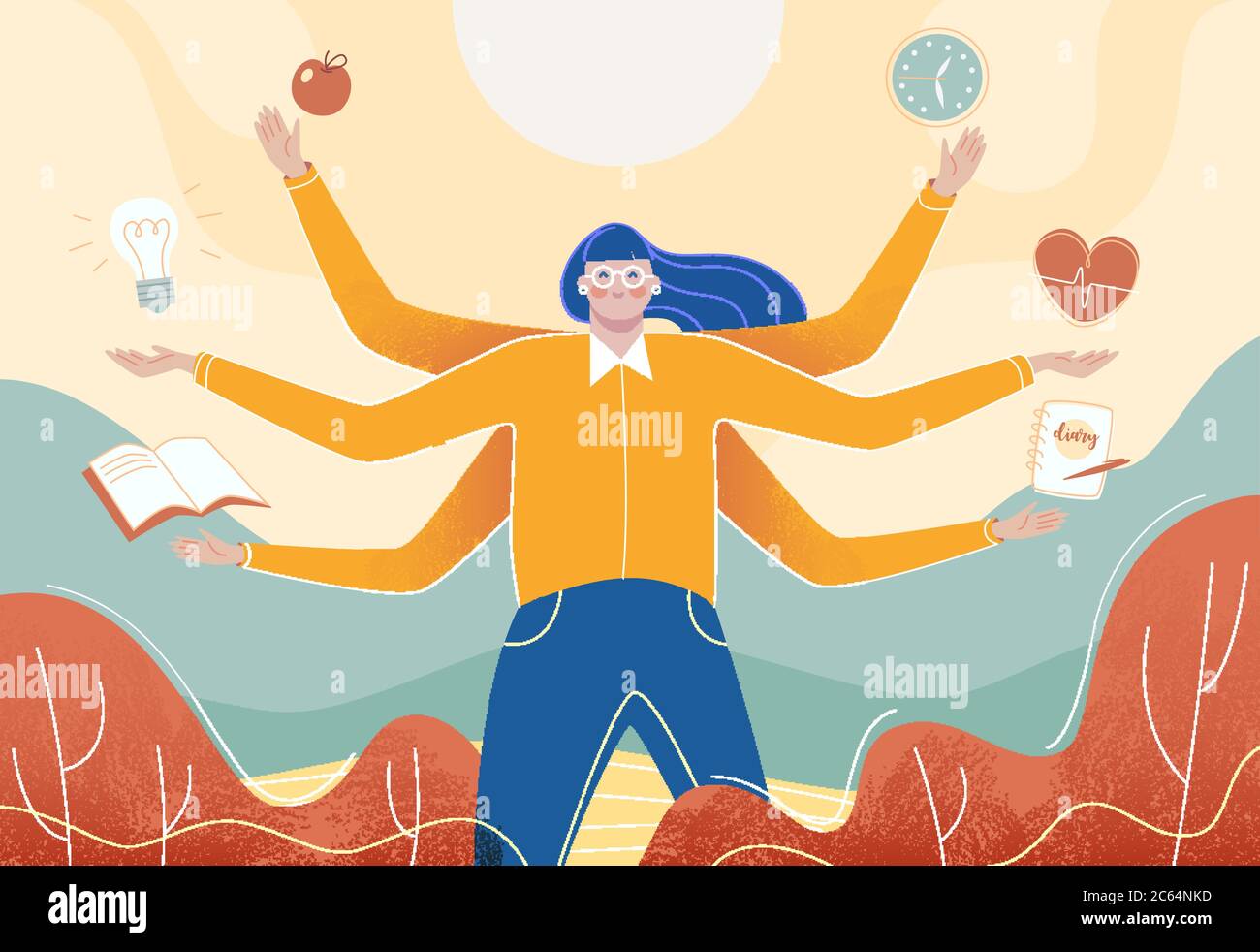Concept of multitasking woman, who works with more arms. Stock Vector