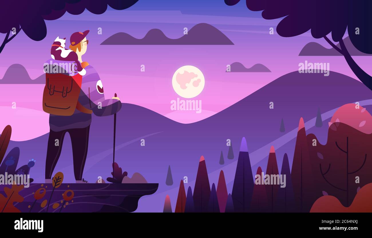 A Man and a cat are travelling. Stock Vector