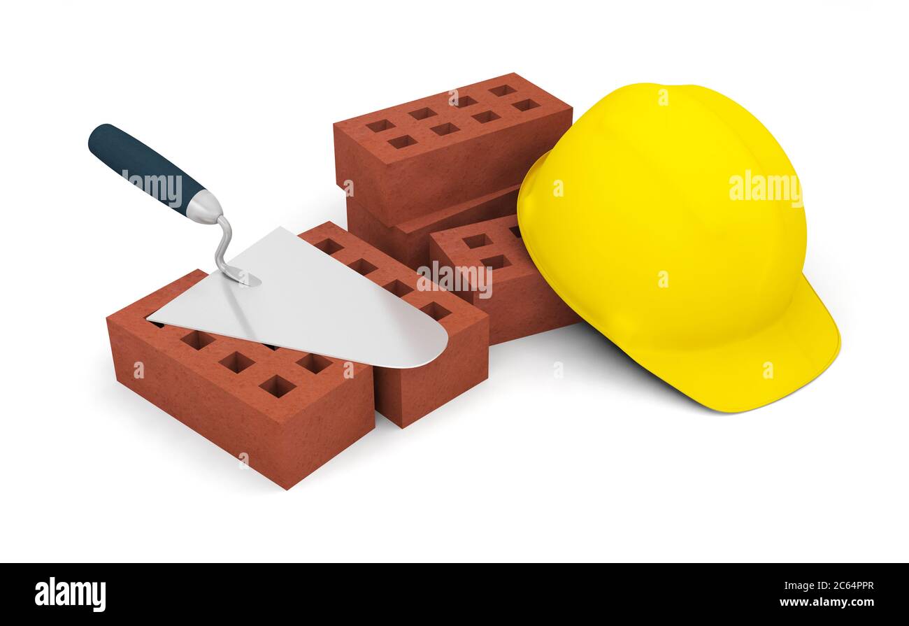 brick block red tool trowel helmet stone construction 3D Stock Photo