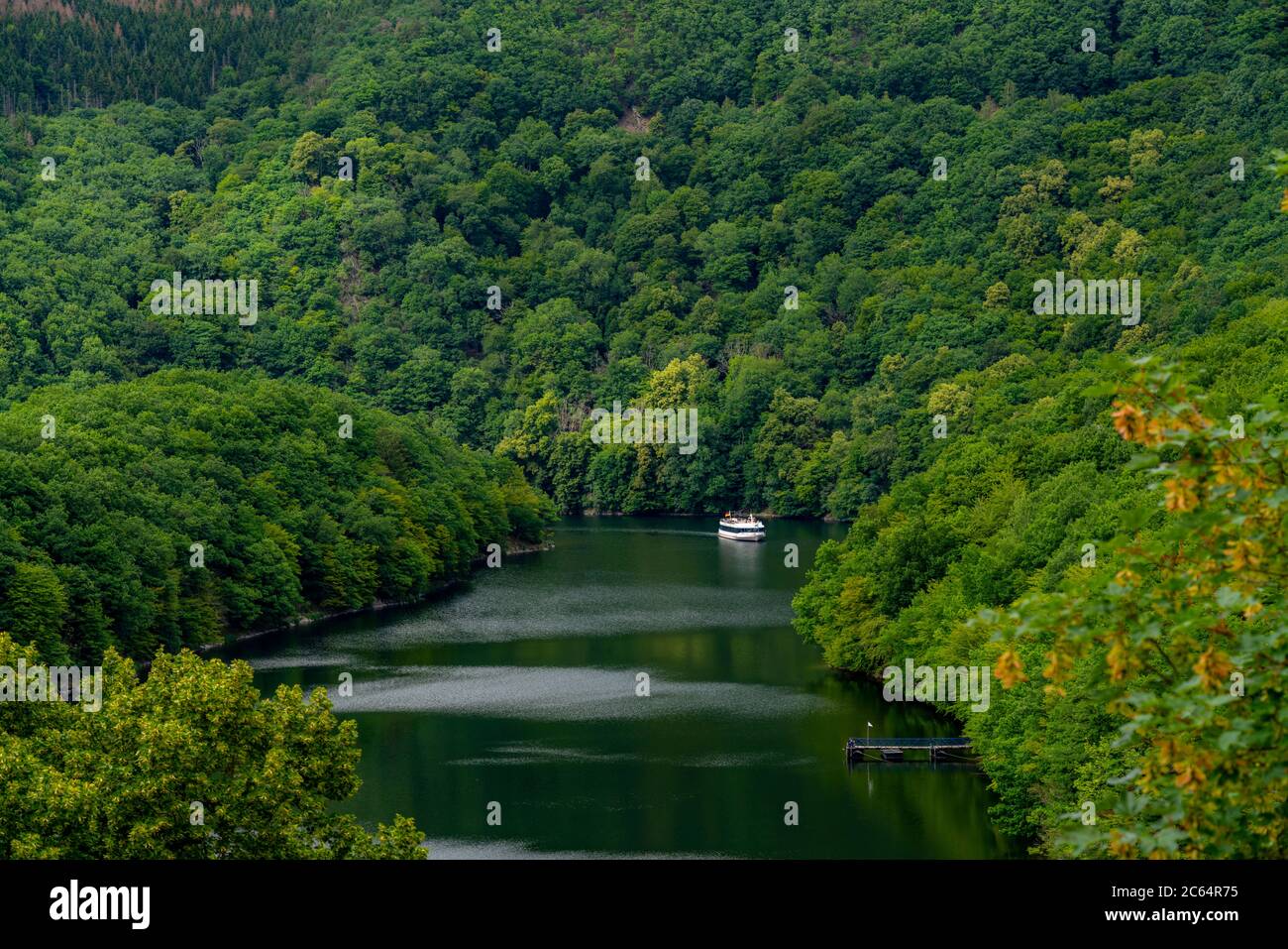 View of the Rursee, reservoir, from the Urft lake dam, Nationalpark Eifel, NRW, Germany, Stock Photo