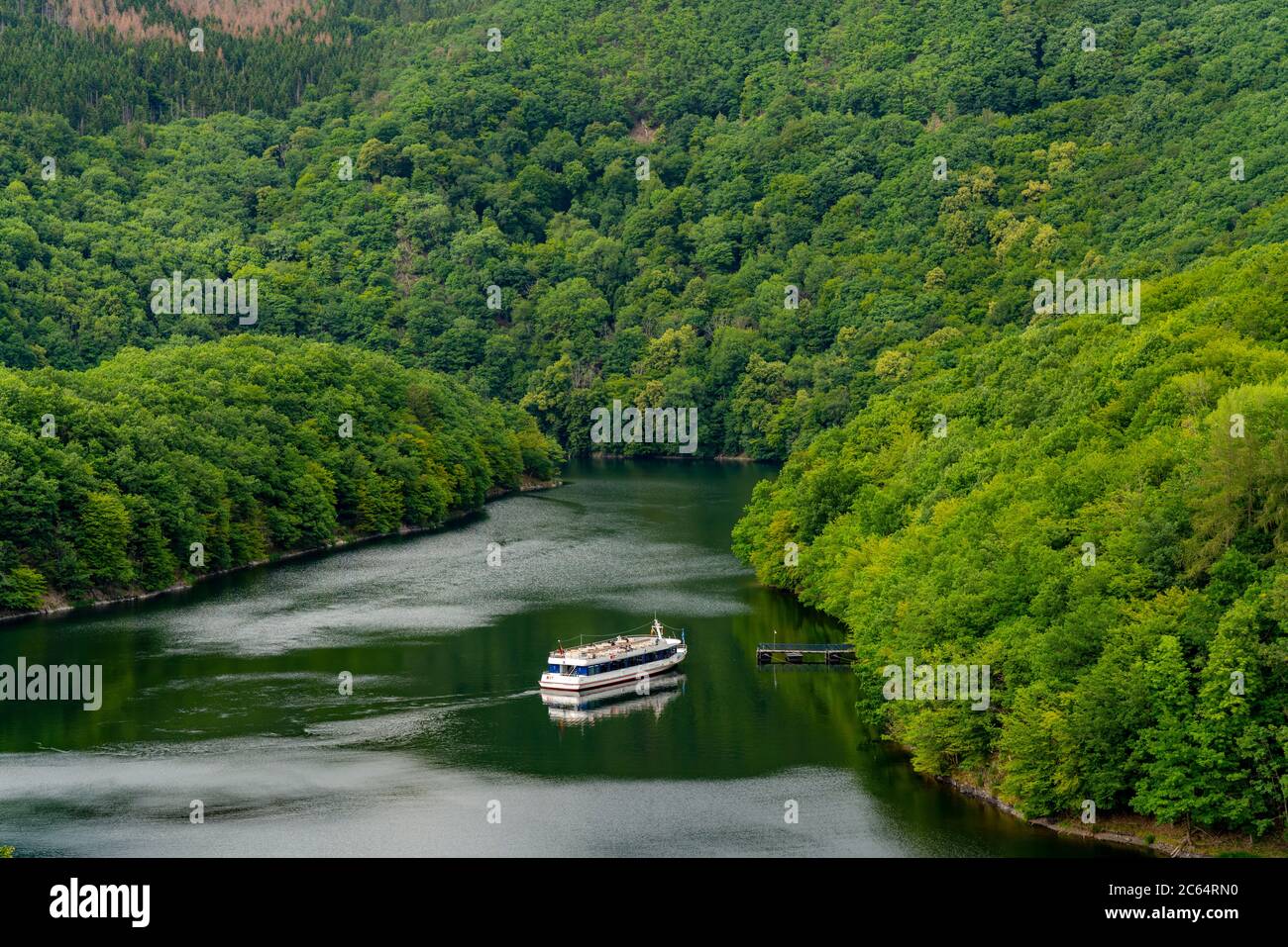 View of the Rursee, reservoir, from the Urft lake dam, Nationalpark Eifel, NRW, Germany, Stock Photo