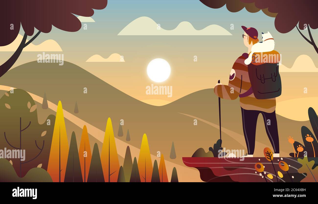 A Man and a cat are travelling. Stock Vector