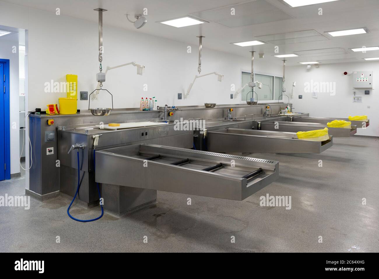 A modern hospital mortuary prepped for autopsy Stock Photo