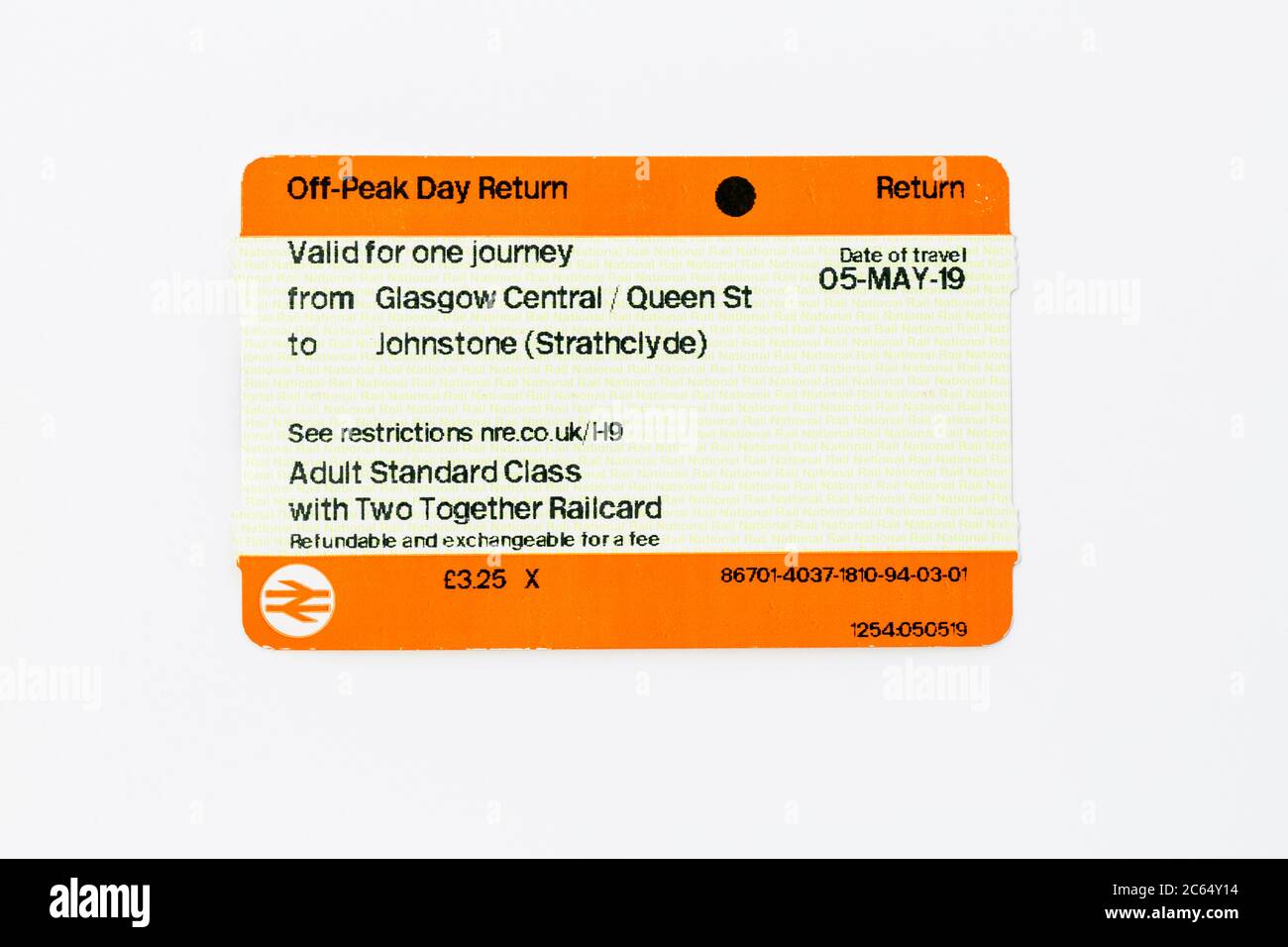 Train Ticket, Adult Off Peak Day Return, purchased with a Two Together Railcard for a journey from Glasgow Central To Johnstone, Scotland, UK Stock Photo