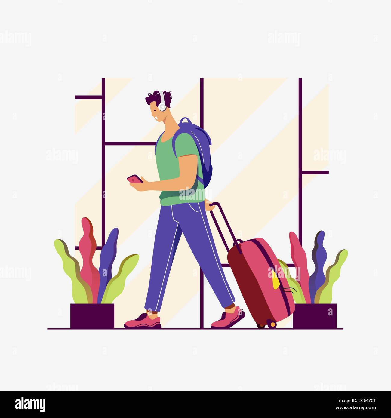 A Treveller in an airport. Around the world. Stock Vector