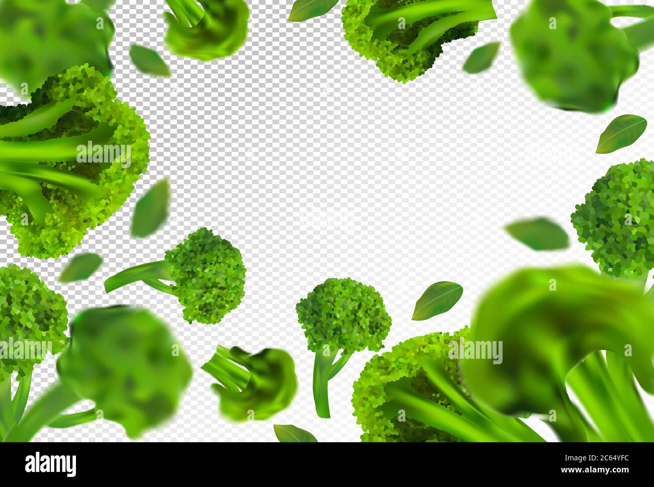 Broccoli background. Flying fresh broccoli cabbage with green leaf on ...