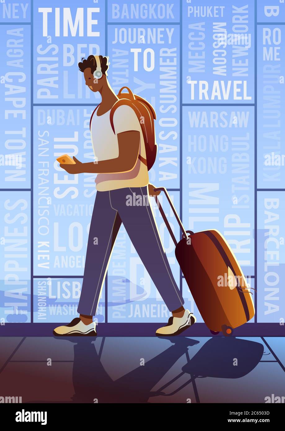 A Treveller in an airport. Around the world. Vector flat modern poster. Sunset. Stock Vector