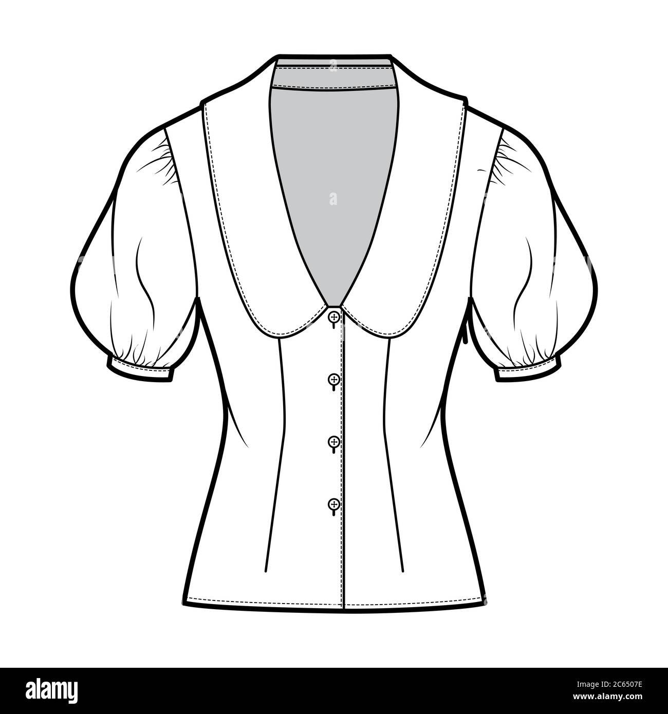 Blouse technical fashion illustration with collar framing the plunging V neck oversized medium puffed sleeves, fitted body. Flat apparel template front white color. Women men unisex CAD garment mockup Stock Vector
