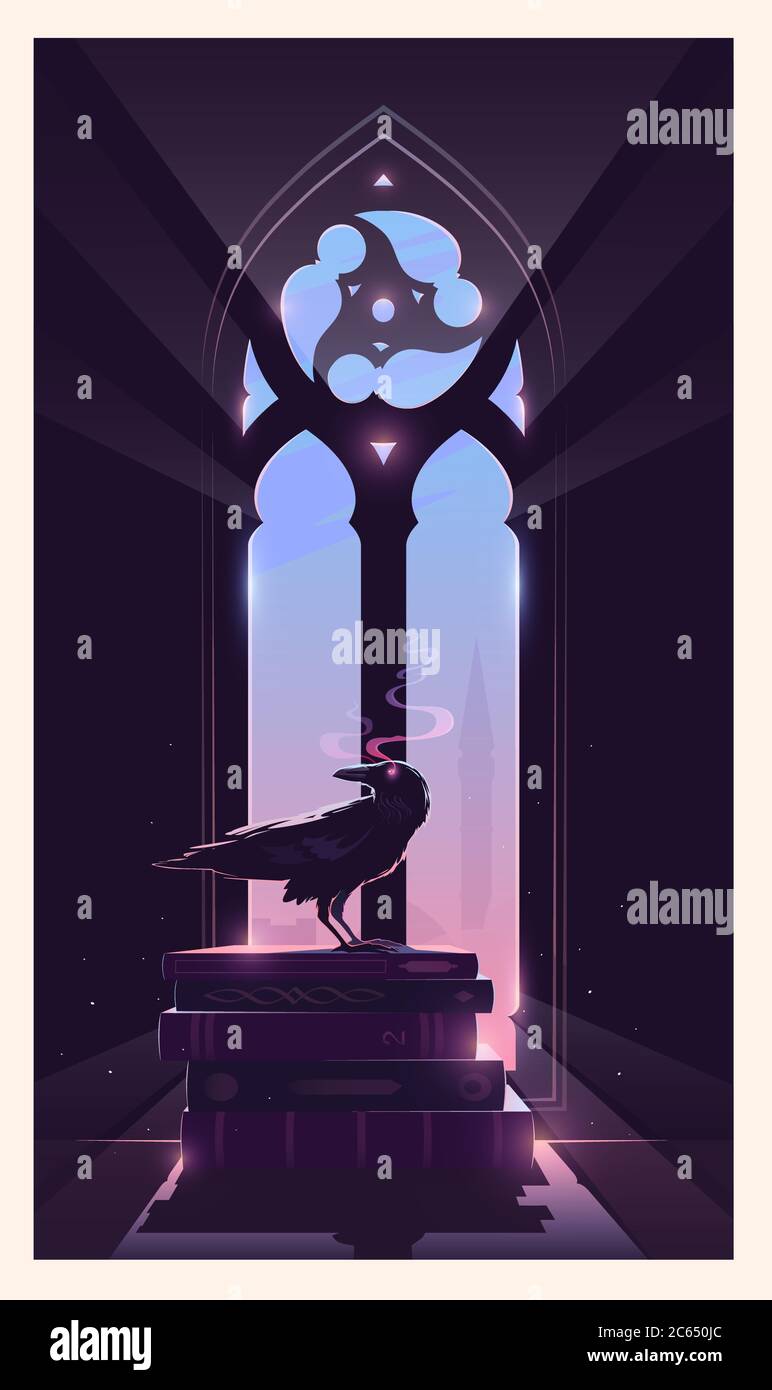 Raven Behind Window The raven is sitting on the books. Gothic window. The keeper of secrets ...