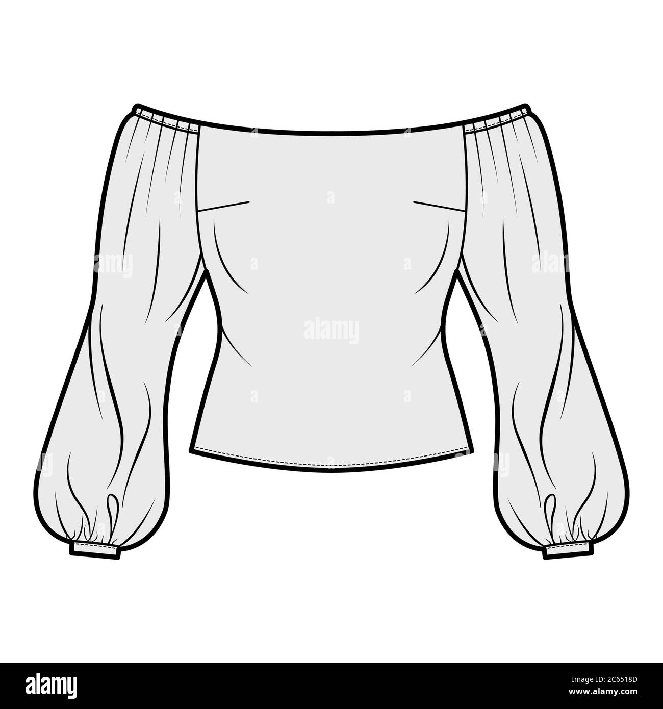 Off-the-shoulder top technical fashion illustration with long sheer puffy sleeves, back zip fastening. Flat apparel blouse template front, grey color. Women, men and unisex mockup CAD for designer Stock Vector