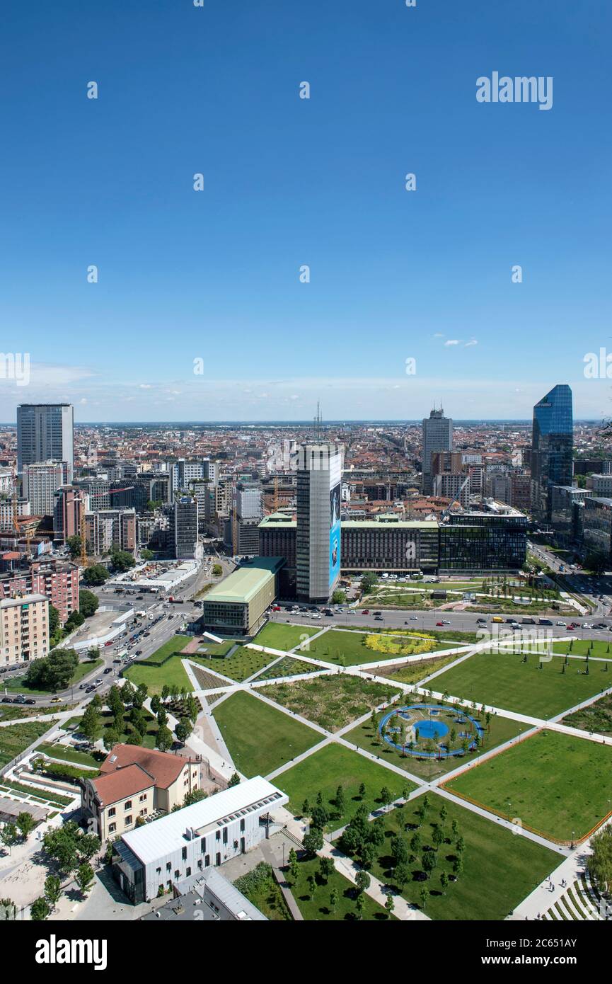 Italy, Lombardy, Milan, cityscape with Biblioteca degli Alberi Park Stock Photo