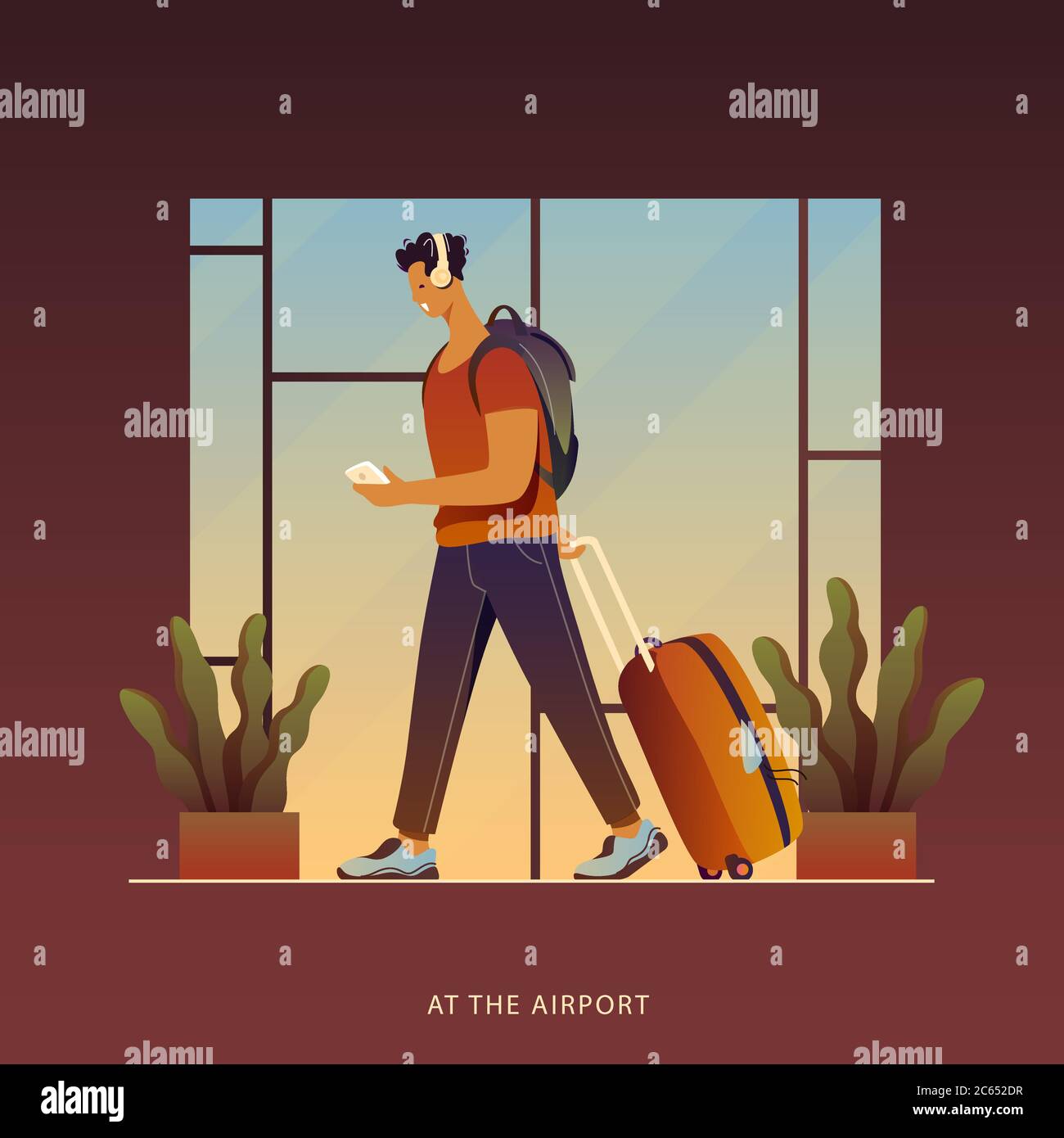 A Treveller in an airport. Around the world. Stock Vector