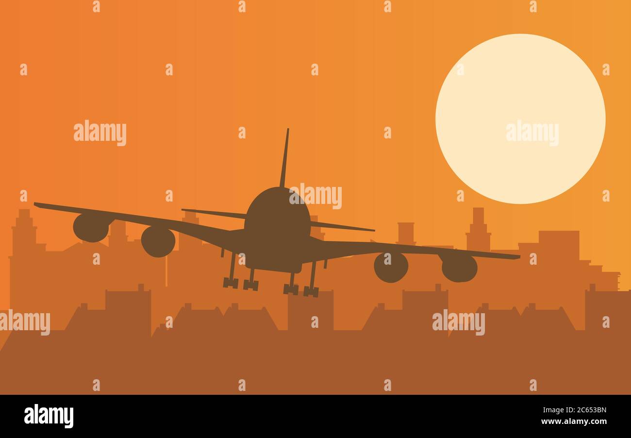 Vector illustration with plane taking off at sunset Stock Vector Image ...