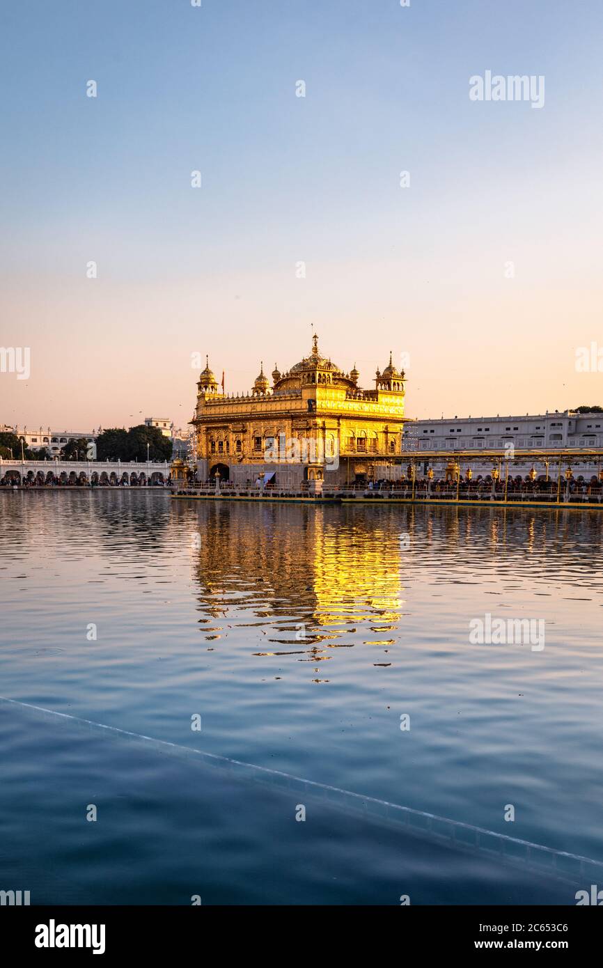 Golden Temple Amritsar lit by Diya and fire crackers Guru Purab festival and Diwali Stock Photo