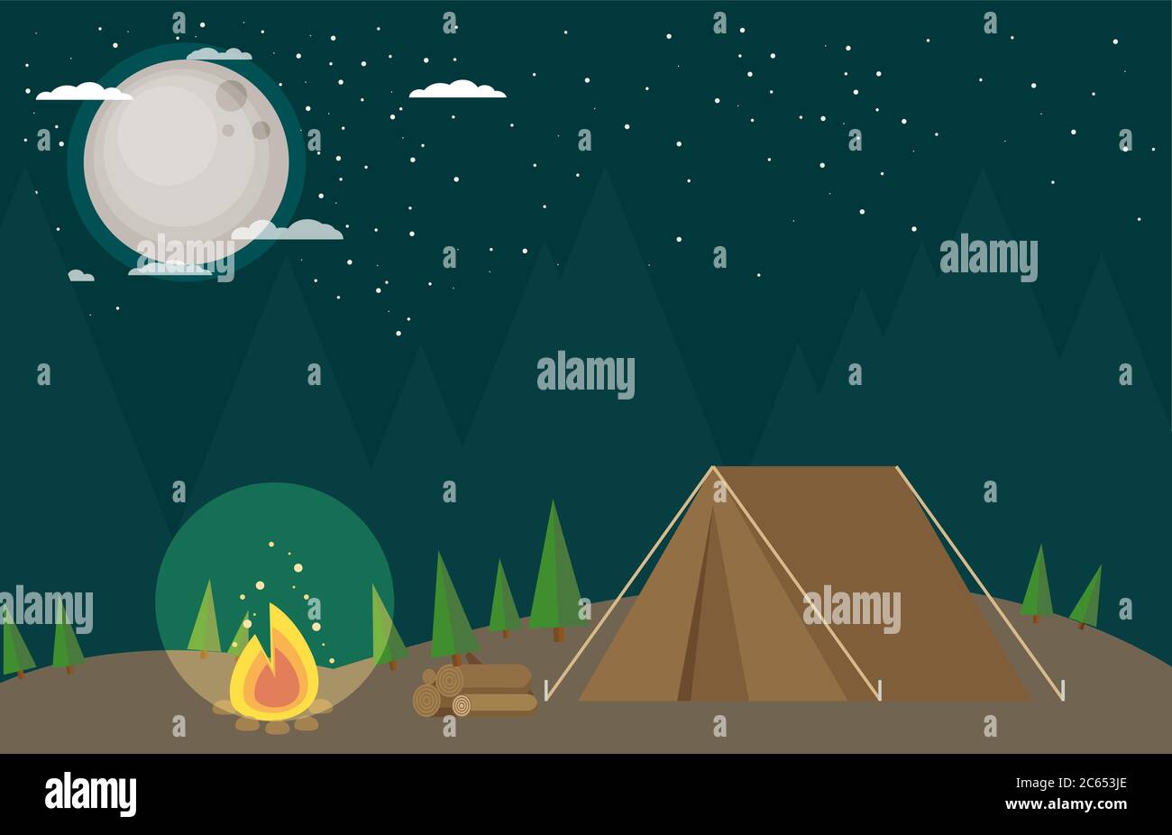 Camping in Forest at Night. Flat design Style Stock Vector Image & Art ...