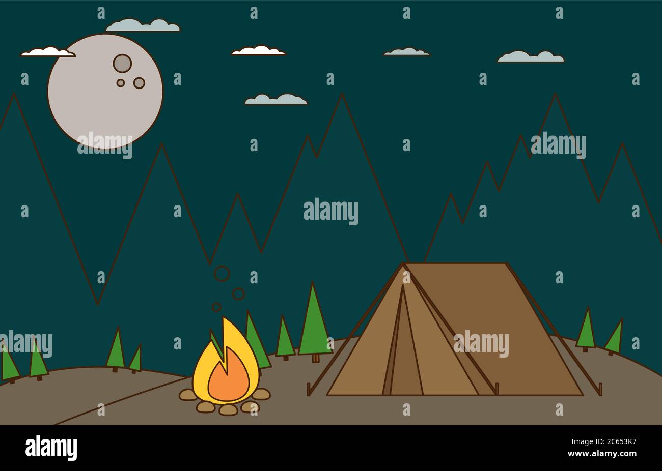Camping in Forest at Night. Flat design Style. Stock Vector