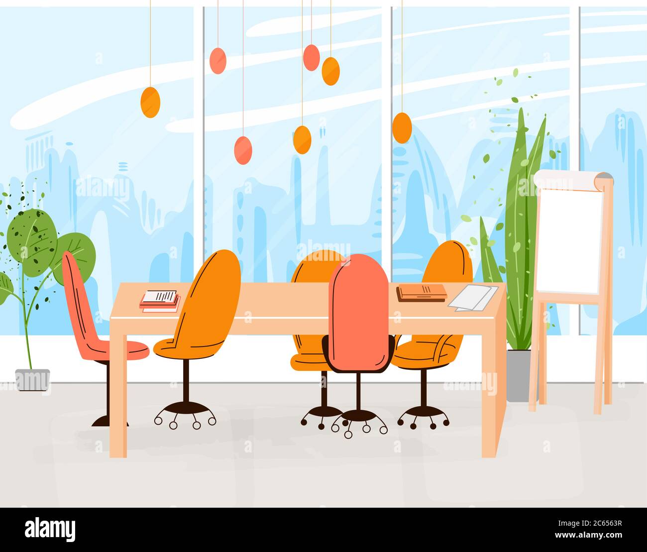 Vector Flat Collection of Creative Workplace with Modern Open Space and Empty Office Interior - Business and Contemporary Co-Working Illustraton. flat Stock Vector