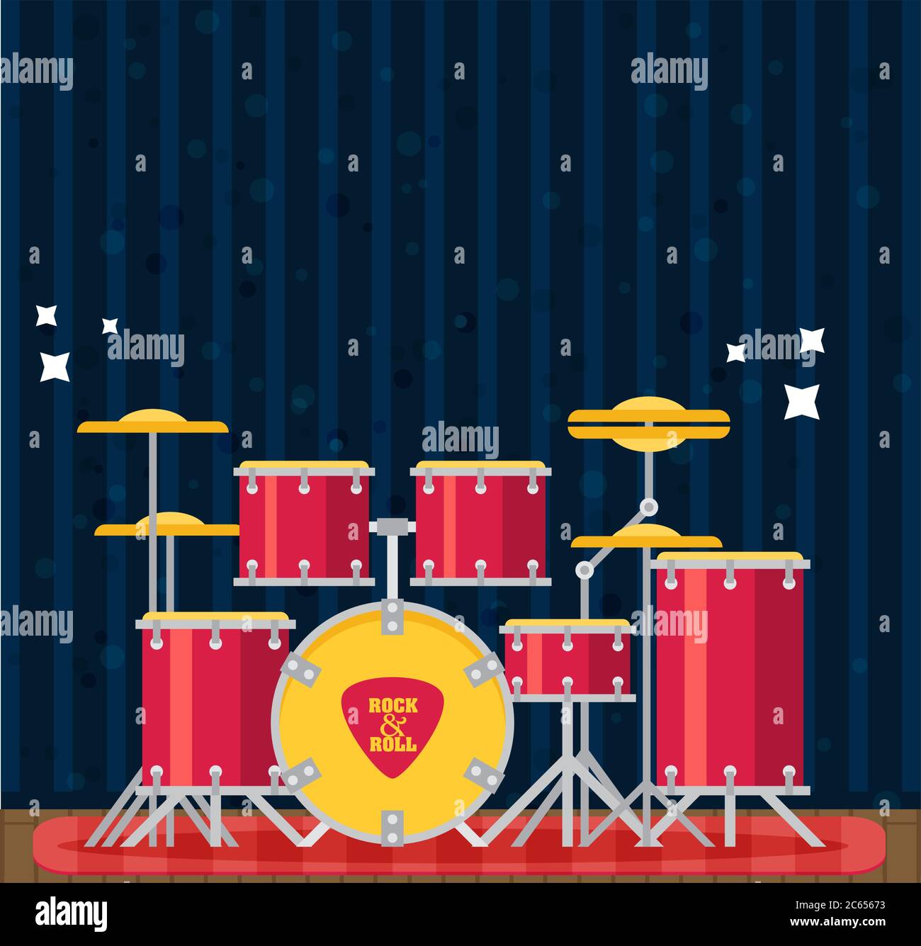 Color flat style vector drum set. Bass tom-tom ride cymbal crash hi-hat snare stands Stock Vector