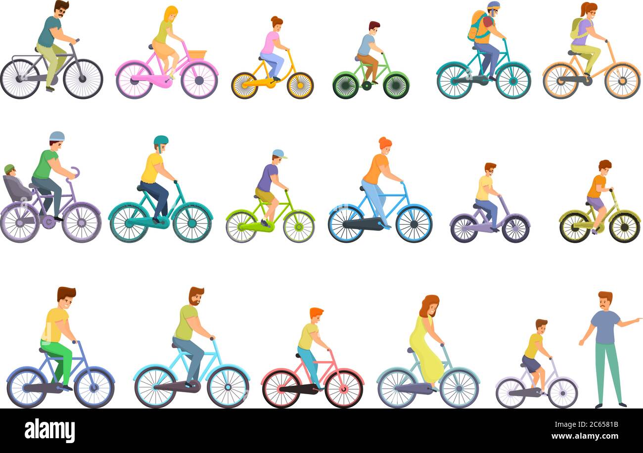 Bike family icons set. Cartoon set of bike family vector icons for web