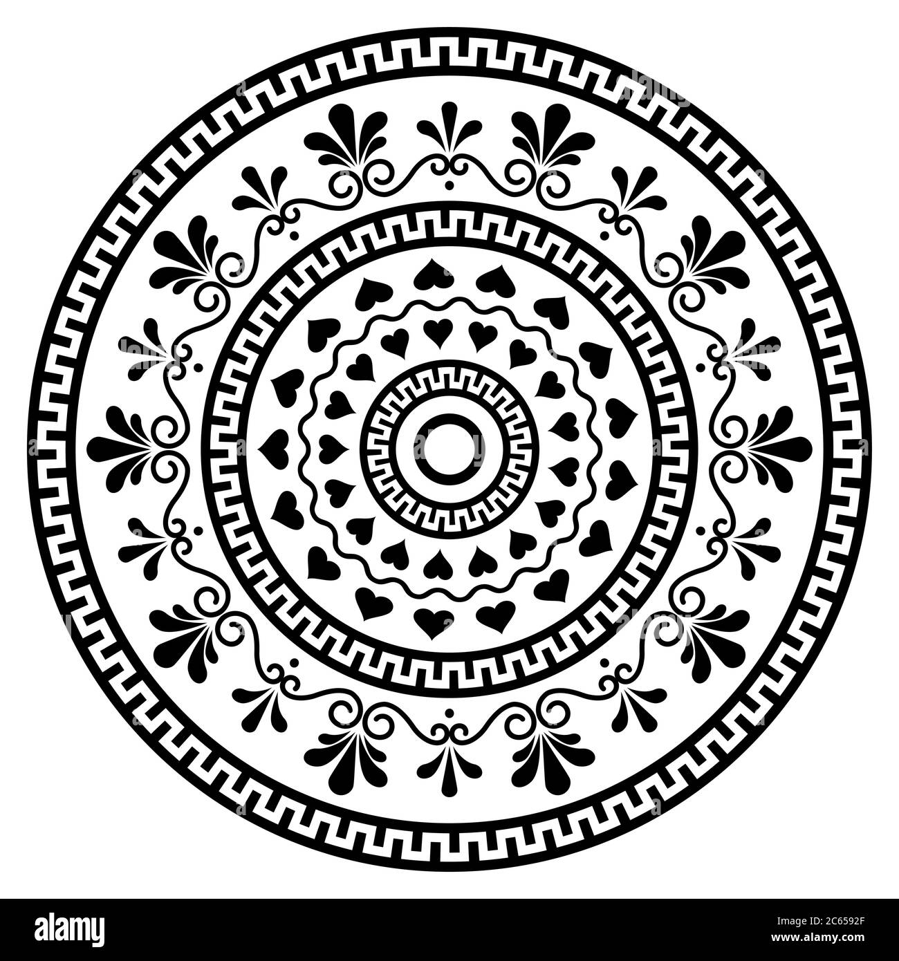 Greek vector boho mandala design with key pattern, flowers and swirls, monchrome yoga pattern Stock Vector