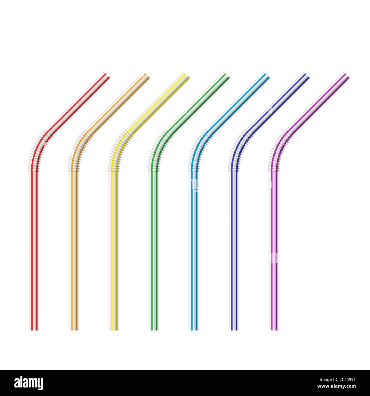 Vector realistic drinking straws striped for milk drinks, cocktails or alcohol. Set of colorful drinking straws isolated with bends. Template for desi Stock Vector