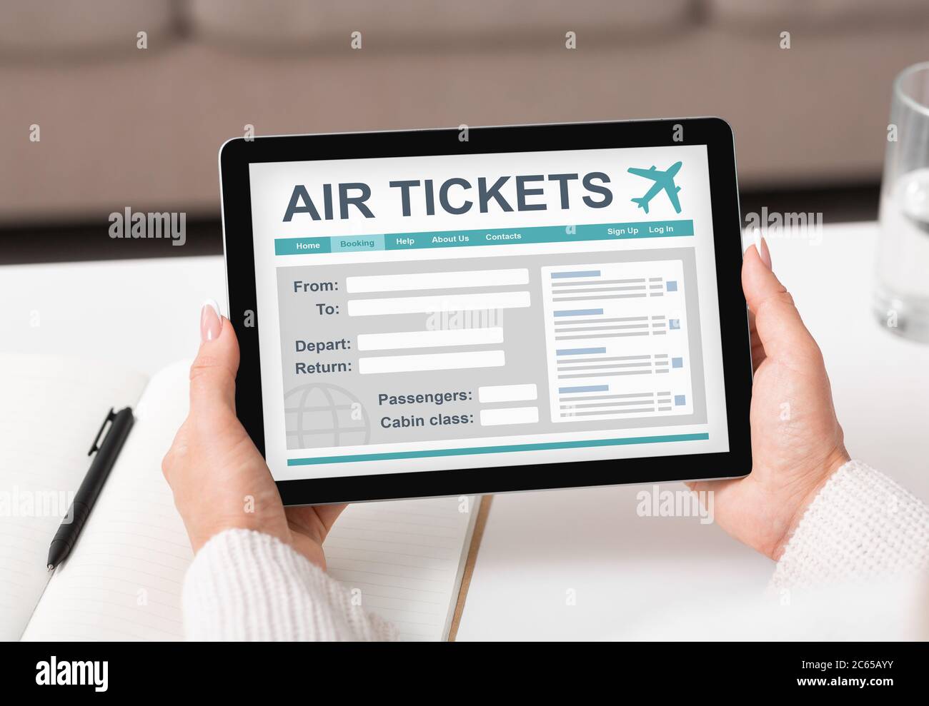 Lady With Digital Tablet Booking Flight Tickets Indoors, Closeup, Collage Stock Photo