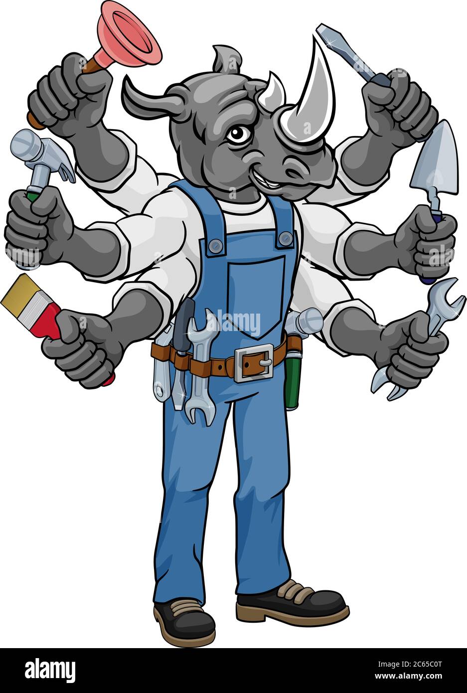 Rhino Multitasking Handyman Holding Tools Stock Vector