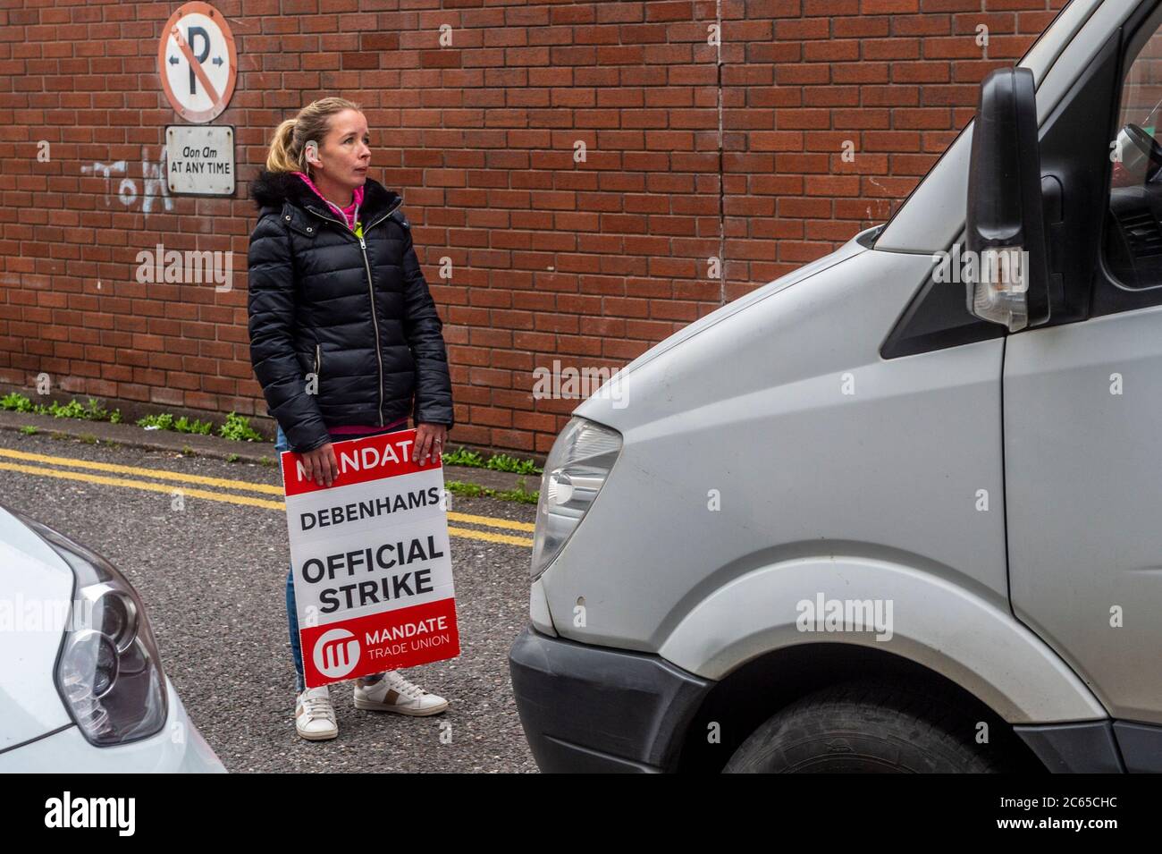 Cork, Ireland. 7th July, 2020. Former Debenhams workers are still picketing  the store in Cork City, after they were let go via email in early April.  The staff are stopping any stock