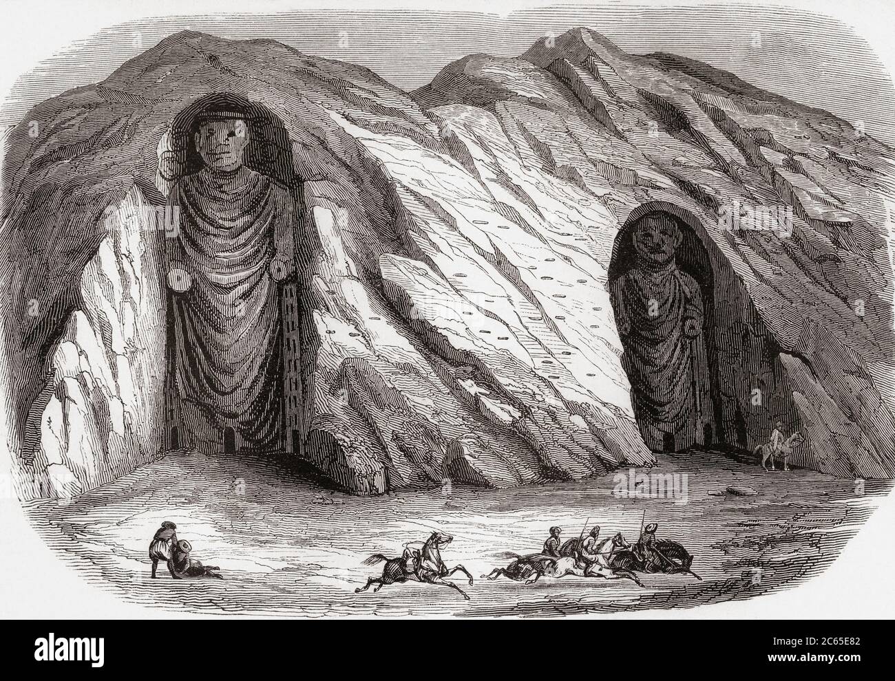 The Buddhas of Bamyan, Bamyan valley, Hazarajat region, central Afghanistan, seen here in the 19th century. The statues were destroyed by the Taliban in 2001.  From Monuments de Tous les Peuples, published 1843. Stock Photo