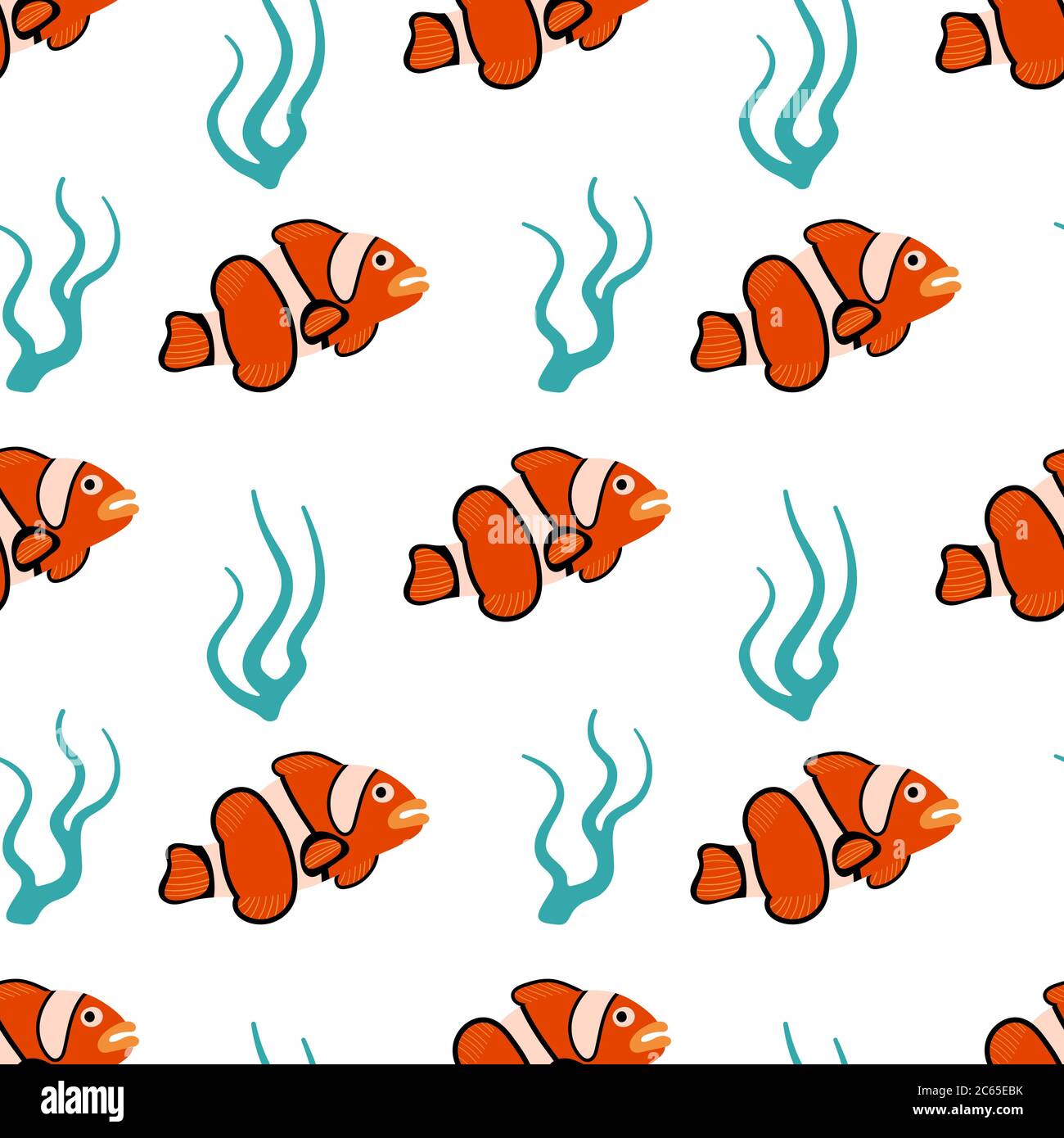 Clownfish with seaweed seamless pattern on white background. Exotic ...