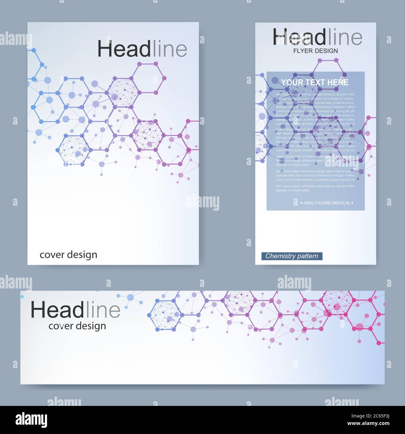 Set flyer, brochure size A4 template,banner. Molecular structure with connected lines and dots. Scientific pattern atom DNA with elements for magazine Stock Vector