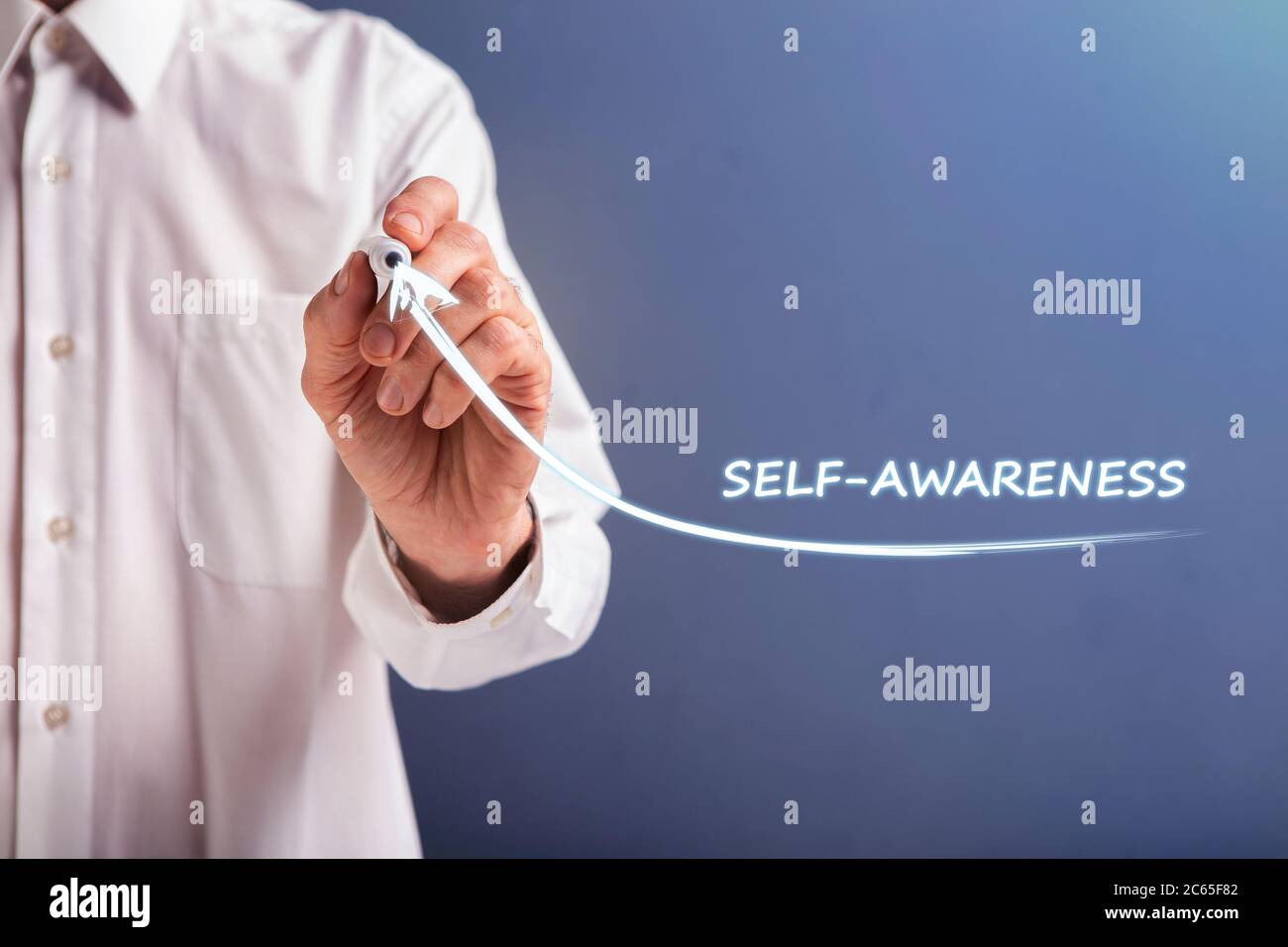 Businessman Drawing Arrow Up Symbolizing Self Awareness, Gray Background, Collage Stock Photo