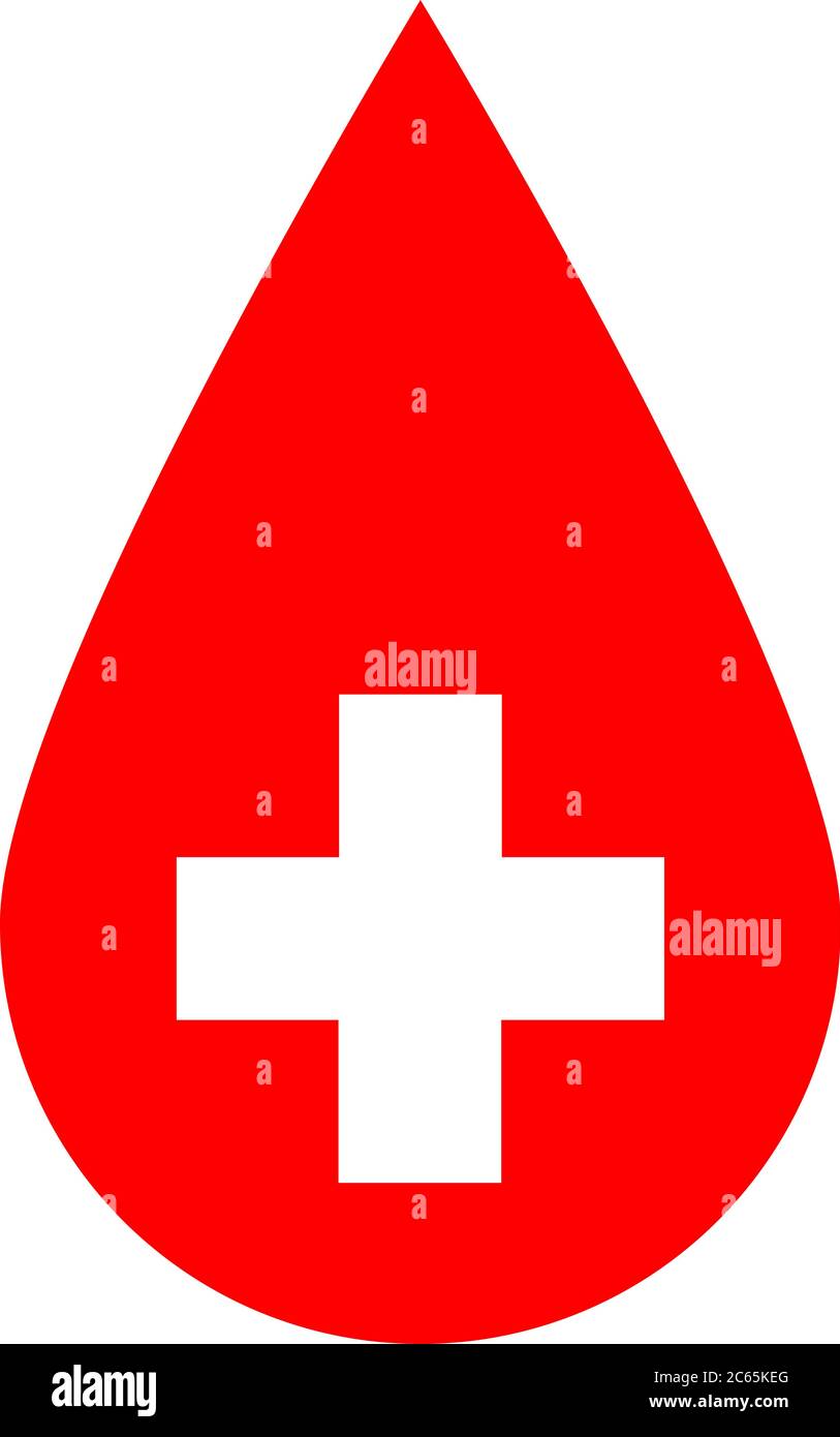 Drop of blood. Red vector illustration with white corss sign. Symbol of blood donation. Stock Vector