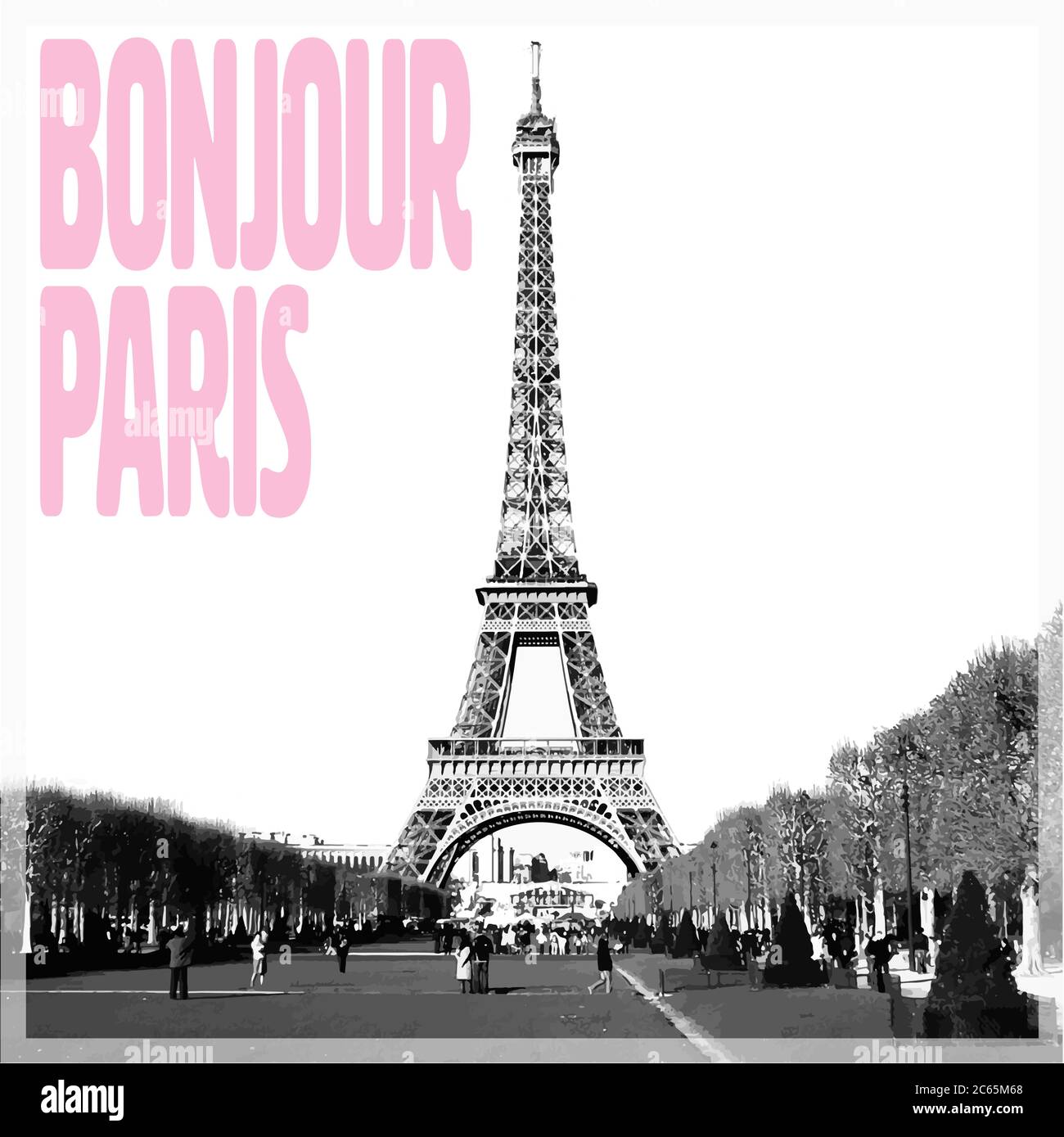 Bonjour Paris - Romantic card with pink quote and vectorized photo of Eiffel Tower in black and white, France, Europe Stock Vector