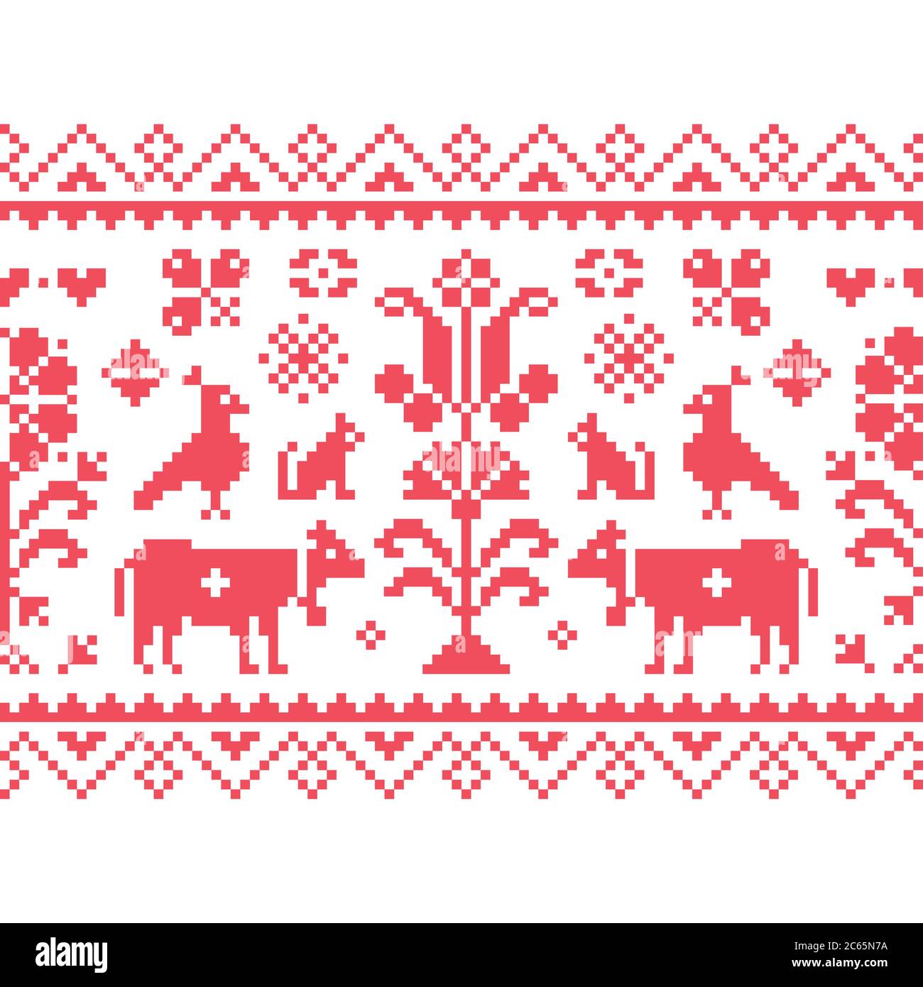 Cross stitch vector seamless folk art pattern - repetitive background inspired by German and Austrian traditional cross stitich designs Stock Vector