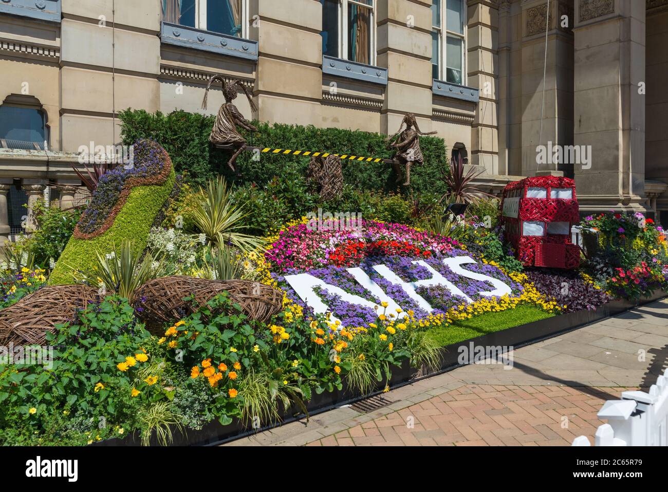 Flower display in Birmingham saying thank-you NHS which used plants destined for the Chelsea Flower Show by Birmingham Parks Department Stock Photo