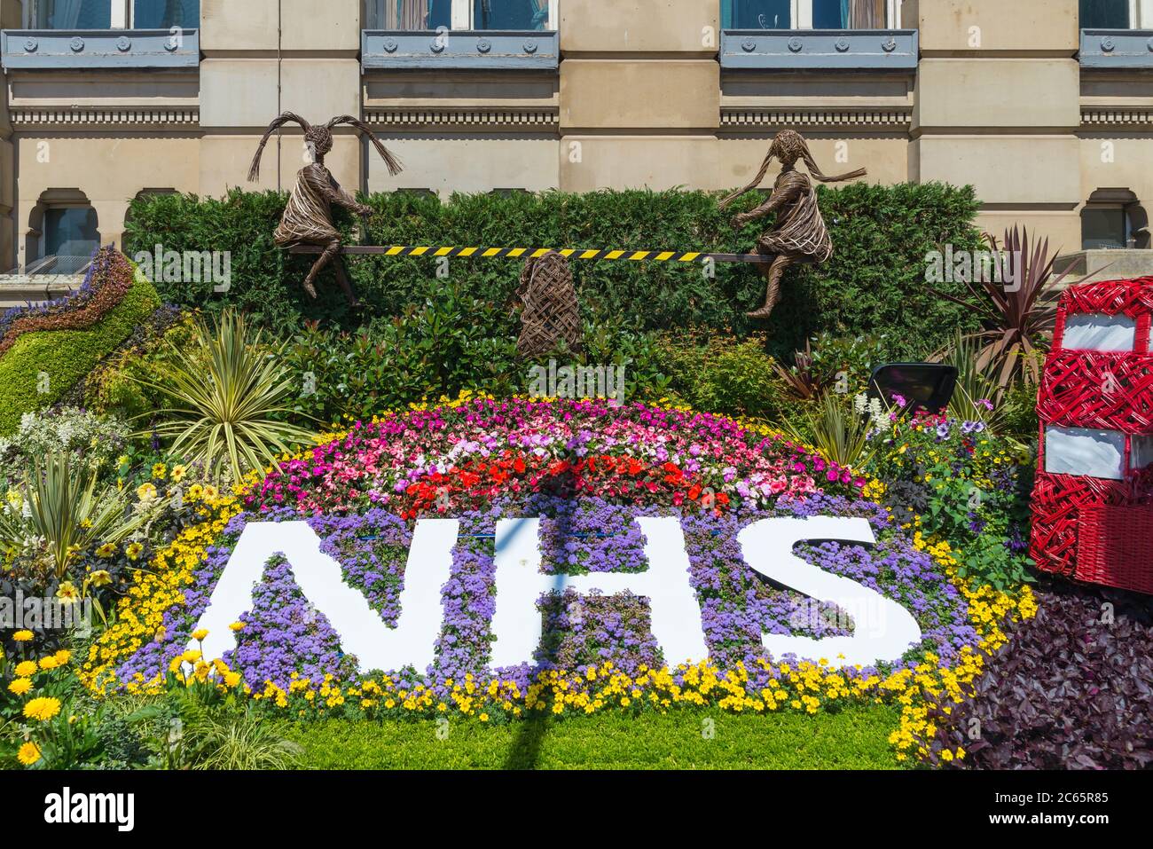 Flower display in Birmingham saying thank-you NHS which used plants destined for the Chelsea Flower Show by Birmingham Parks Department Stock Photo
