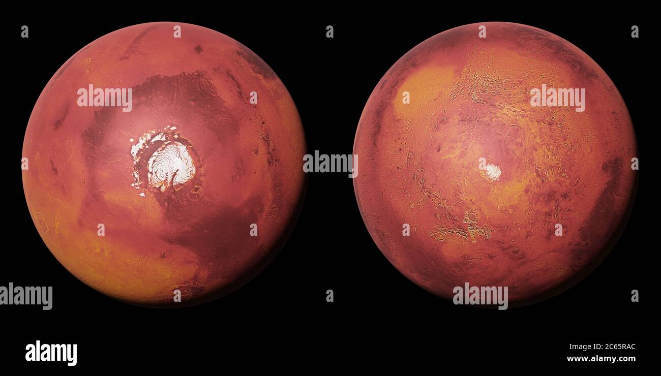 planet Mars, the polar caps of the red planet isolated on black background Stock Photo