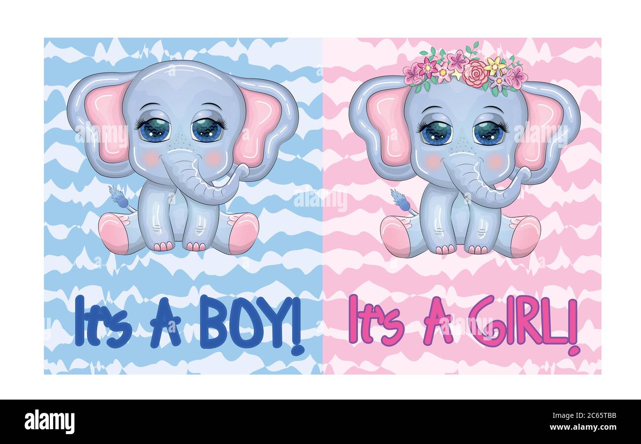 Baby Shower greeting card with Cute Elephant boy and girl Stock Vector ...
