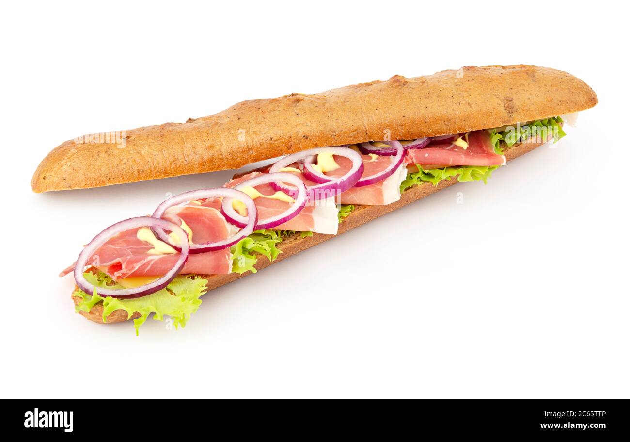 Opened big baguette ham sandwich on white background Stock Photo