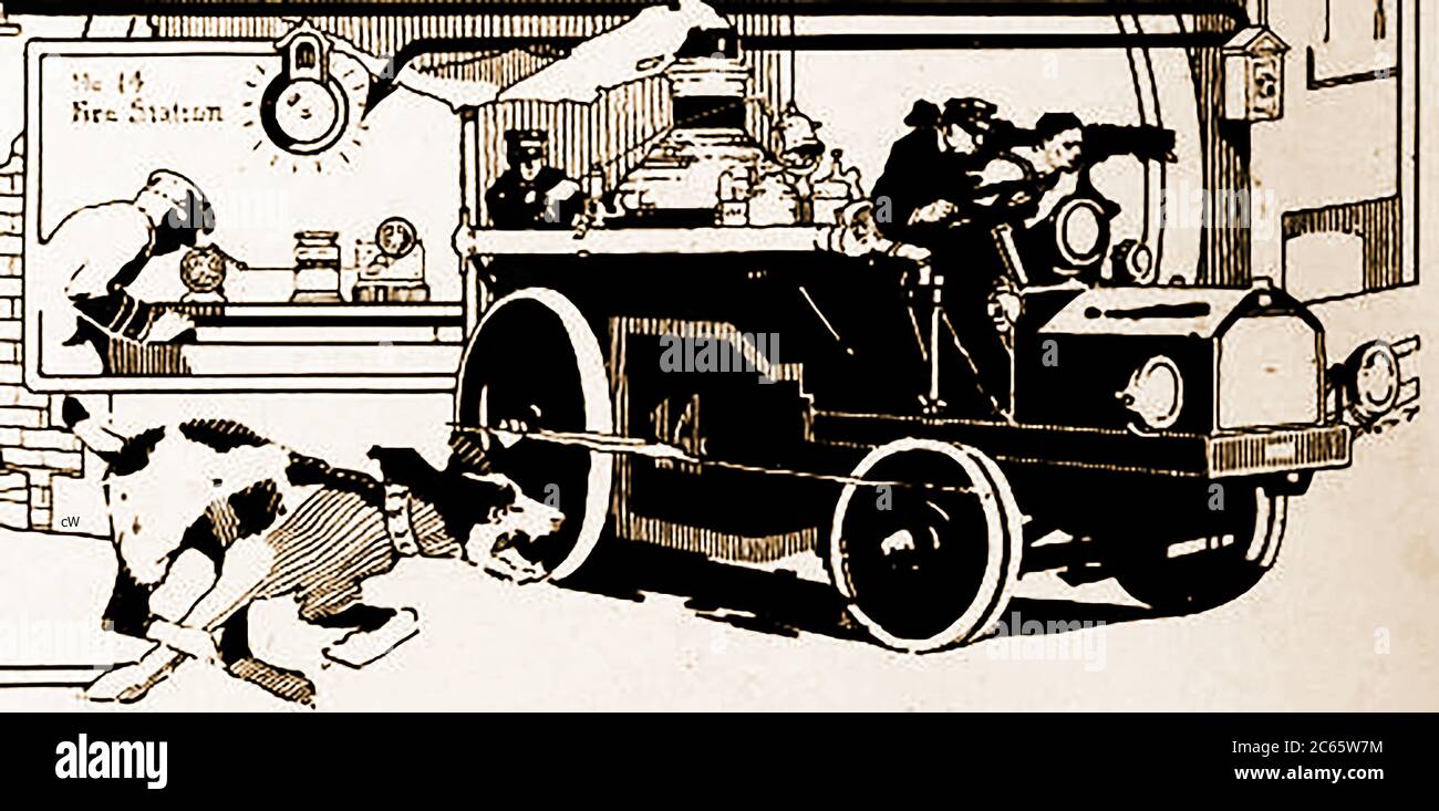 A 1920 Canadian illustration of a steam powered fire engine of the time being chased by a dog. Inside the fire station a man is seen answering an electrical alarm. The vehicle may be a hybrid, gasoline engine using a steam engine to pump the water Stock Photo