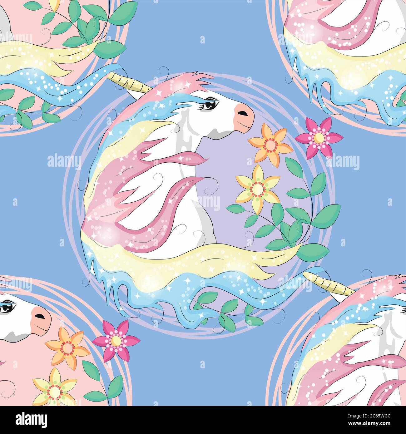 seamless pattern with cute unicorns, clouds,rainbow and stars. Magic ...
