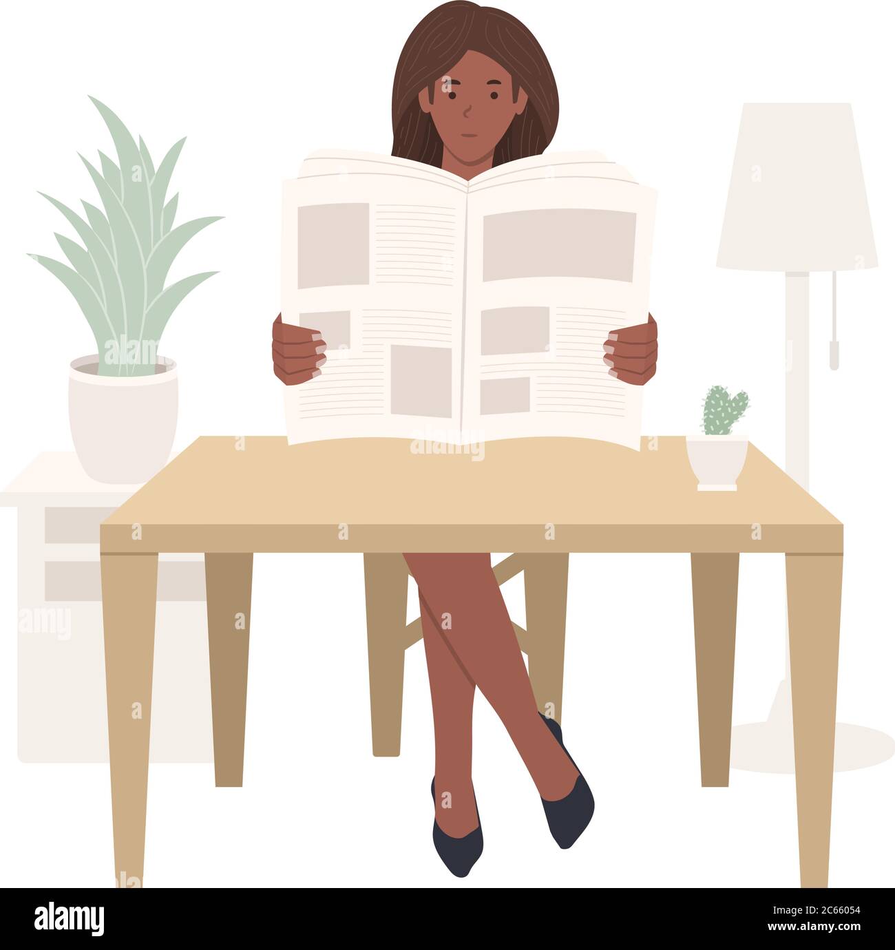 Young African American girl sitting at a table and reading a newspaper, black woman reads press or magazine. Home furnishings and indoor plants. Flat Stock Vector