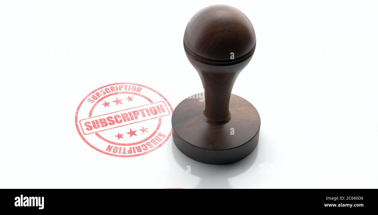 SUBSCRIPTION, MEMBERSHIP stamp. Wooden round rubber stamper and stamp with text subscription, registration isolated on white background. Membership fl Stock Photo